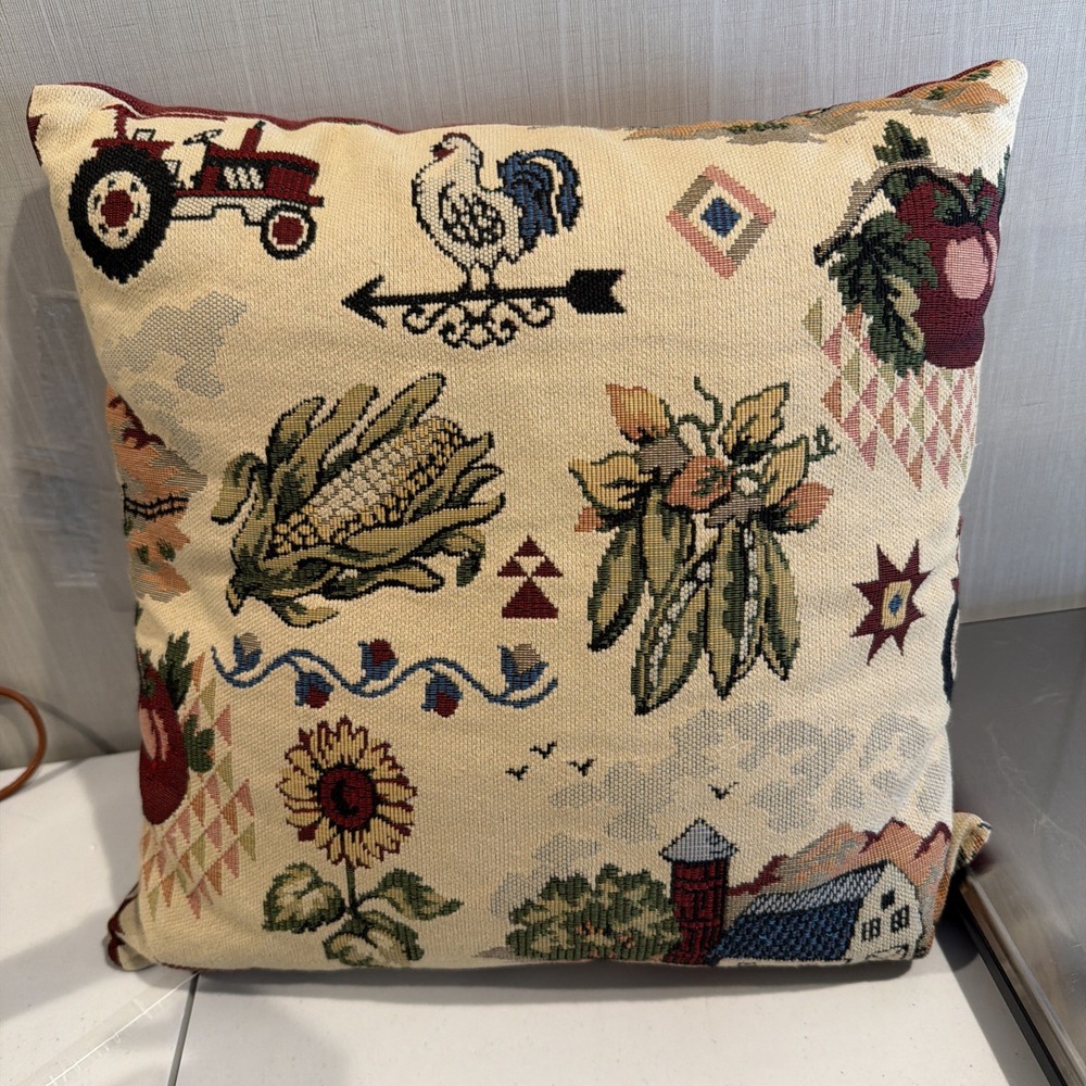 Vtg Farm Scene‎ Tapestry Pillow 15" Tractor Chickens Corn Sunflower Country